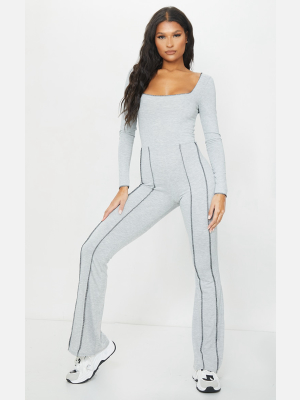 Grey Seam Detail Square Neck Flare Jumpsuit