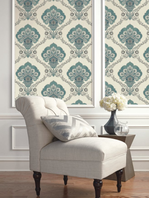 Ornate Fanned Damask Wallpaper In Light Aqua From The Caspia Collection By Wallquest