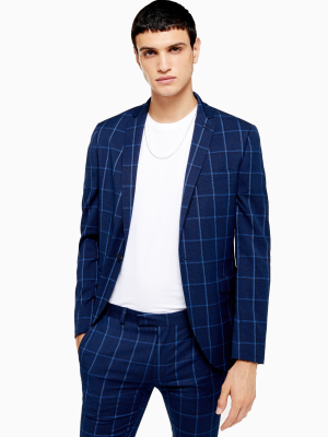 Navy Super Skinny Fit Windowpane Check Single Breasted Suit Blazer With Notch Lapels