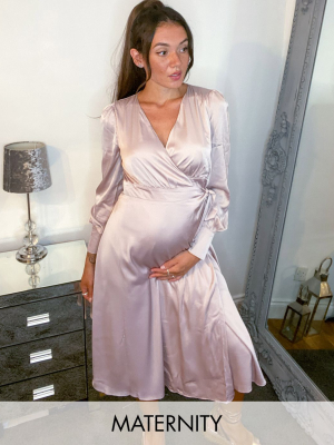 Tfnc Maternity Long Sleeve Wrap Front Sateen Midi Dress With Belt In Pink