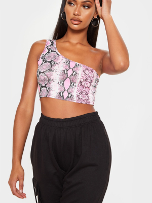 Pink Snake Printed One Shoulder Crop Top