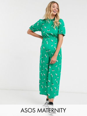 Asos Design Maternity Jersey High Neck Frill Tea Jumpsuit With Buttons In Green Floral