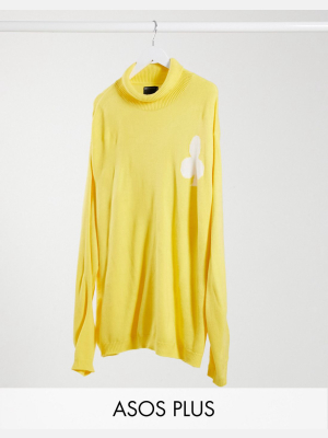 Asos Design Plus Oversized Funnel-neck Sweater With Club Design In Yellow