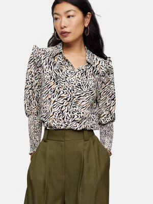 Petite Black And White Print Frill Shirred Shirt