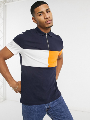 Asos Design Organic Cotton Polo Shirt With Color Block In Navy