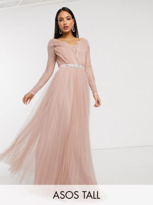 Asos Design Tall Lace Sleeve Embellished Waist Trim Detail Tulle Maxi Dress In Dusty Pink