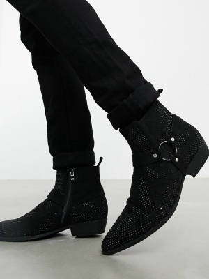 Asos Design Stacked Heel Western Chelsea Boots In Black Faux Suede With Rhinestone And Strap Detail