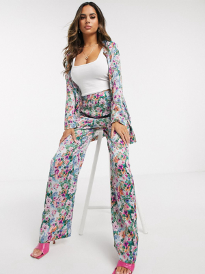 Asos Design Soft Satin Suit Wide Leg Pants In Floral