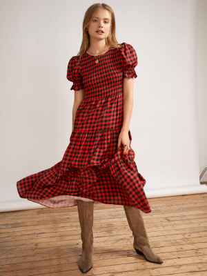 Persephone Shirred Orange Checked Dress