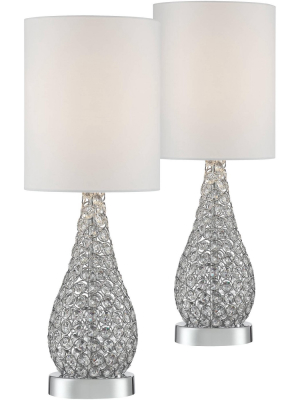 Possini Euro Design Modern Accent Table Lamps Set Of 2 Crystal Bead Silver Gourd White Drum Shade For Living Room Family Bedroom Bedside