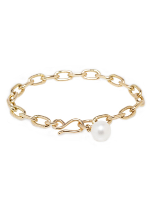 14k Medium Oval Link White Pearl Dangle Bracelet