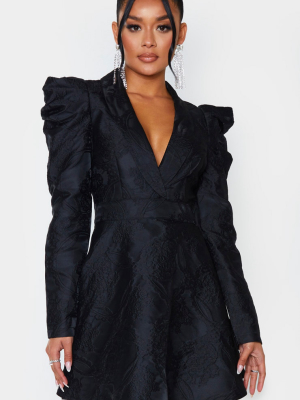 Black Jacquard Puff Sleeve Lapel Detail Skater...