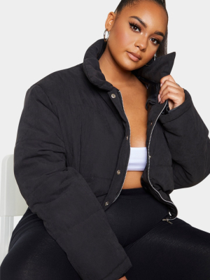 Plus Black Peach Skin Cropped Puffer Jacket