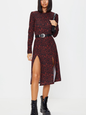 Red Leopard Print Long Sleeve Split Midi Dress