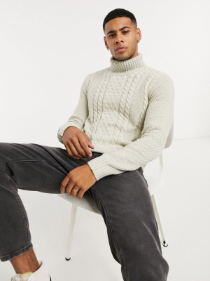 Jack & Jones Premium Cable Knit Sweater With Roll In White