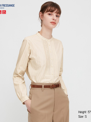 Women Cotton Twill Pintuck Striped Long-sleeve Shirt (ines De La Fressange)