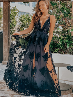 Black Floral Tulle Maxi Dress With Criss Cross Back