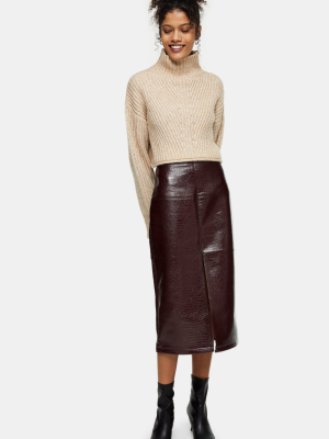 Burgundy Pu Crocodile Print Midi Pencil Skirt