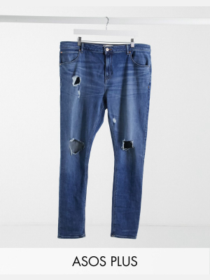 Asos Design Plus 'responsible Edit' Superskinny Jeans In Mid Wash With Knee Rips