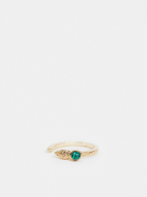 Asos Design Ring With Wraparound Snake With Green Malachite Stone In Gold Tone