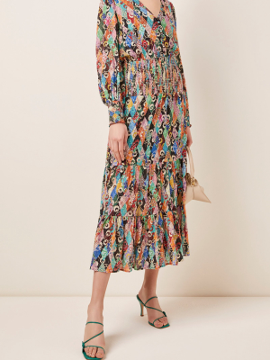 Maya Smocked Printed Crepe Midi Dress