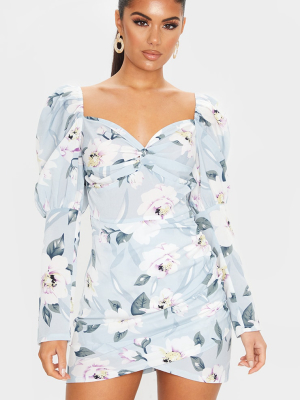 Pale Blue Floral Print Sleeve Twist Detail...