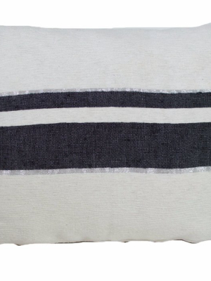 Moroccan Pom Pom Pillow, Black And Silver Stripes On White