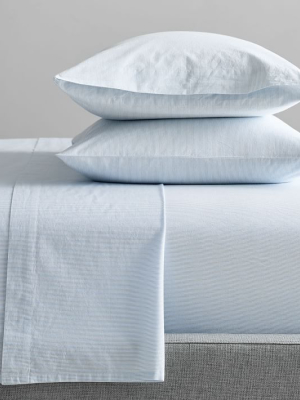 Organic Washed Cotton Percale Stripe Sheet Set - Kyoto Blue