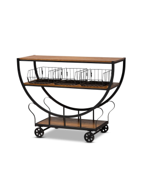 Frieda Industrial Farmhouse Wood And Black Metal Console Cart Walnut Brown - Baxton Studio