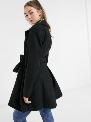 Asos Design Belted Glam Skater Coat In Black