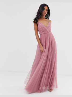 Asos Design Cami Pleated Tulle Maxi Dress In Rose