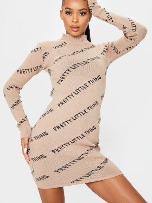 Prettylittlething Camel Knitted Funnel Neck Dress