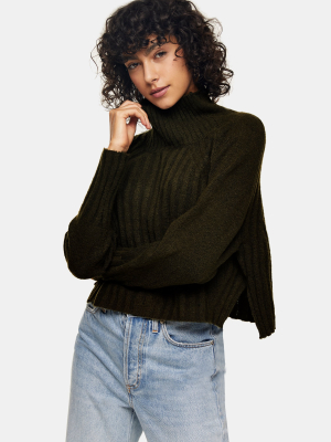 Khaki Ribbed Cropped Knitted Sweater