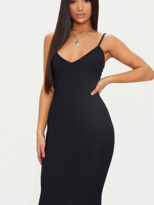 Black Ribbed Plunge Bodycon Dress