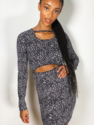 Black Dalmatian Print Cut Out Long Sleeve Rib...