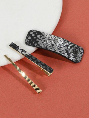 Set Of 3 Rectangular Snake Skin Print Leather Hair Clips