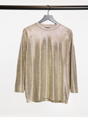 Asos Design Oversized Longline T-shirt With 3/4 Wide Sleeve In Gold