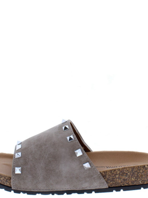 Audrina08 Taupe Studded Open Toe Flat Slide Sandal