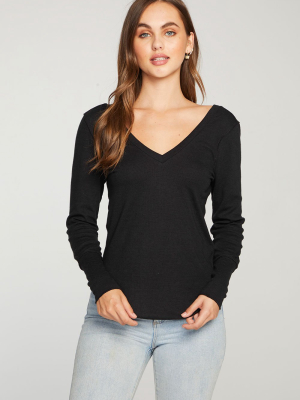 Linen Rib Extended Cuff Long Sleeve Double V Shirttail Tee