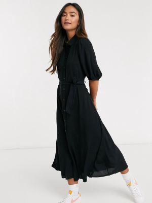 New Look Puff Sleeve Shirt Midi Dress In Black