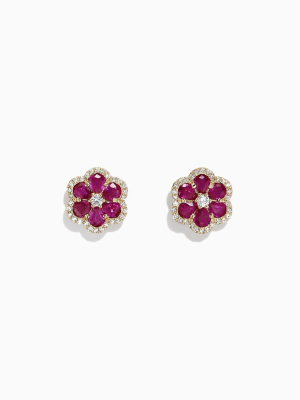 Effy Ruby Royale 14k Yellow Gold Ruby And Diamond Flower Earrings, 3.18 Tcw