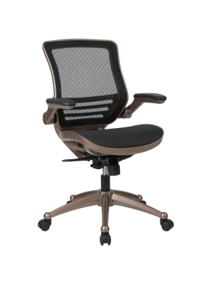 Mid Back Executive Swivel Office Chair With Melrose Gold Frame And Flip Up Arms Black - Riverstone Furniture