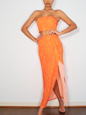 Bright Orange Crepe Frill Split Hem Midaxi Skirt