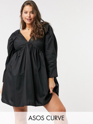 Asos Design Curve Cotton Babydoll Mini Dress In Black