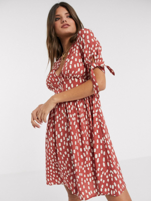 Vero Moda Tea Dress With Puff Sleeves In Rust Smudge Print