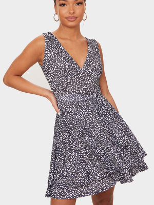 Black Dalmatian Print Tie Skater Dress