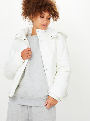 White Nylon Diamond Quilted Hooded Puffer Jacket