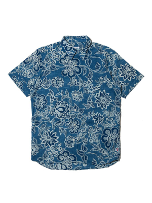 Short Sleeve Shirt - Hand Printed Indigo Flower