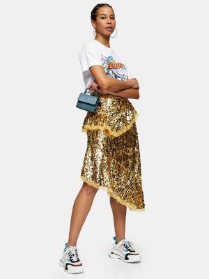 Gold Sequin Ruffle Midi Skirt