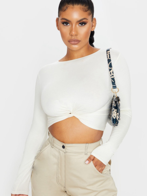 Cream Jersey Long Sleeve Knot Hem Crop Top